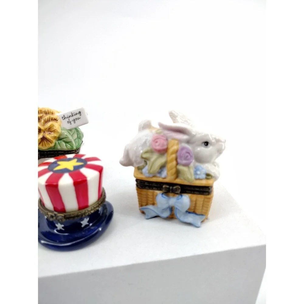 Vintage Porcelain Hinged Trinket Box Lot Christmas Bunny Patriotic Floral 4pc